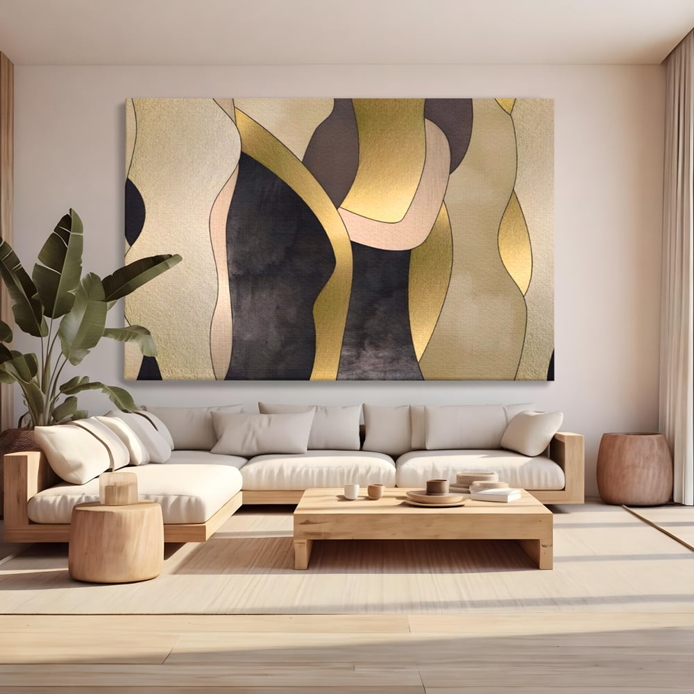 Tablou canvas cu tablou canvas cu forme abstracte aurii, fara rama, pe sasiu de lemn, pe perete intr-un living